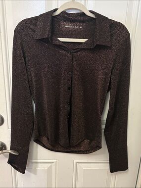 Abercrombie & Fitch Shimmery Dark Brown Button-Down Shirt fall fashion size S